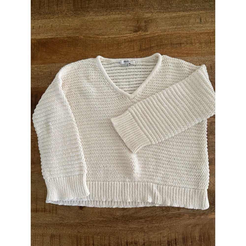 Madewell Chunky Knit Sweater XXS Cream Cropped V Neck Cotton Blend Textured